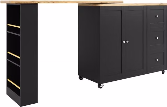 Isola da cucina estraibile e girevole a 360 con 3 cassetti, 2 ante e ripiano laterale per snack, Nero, L: 135-203 cm, P: 39 cm, H: 106 cm