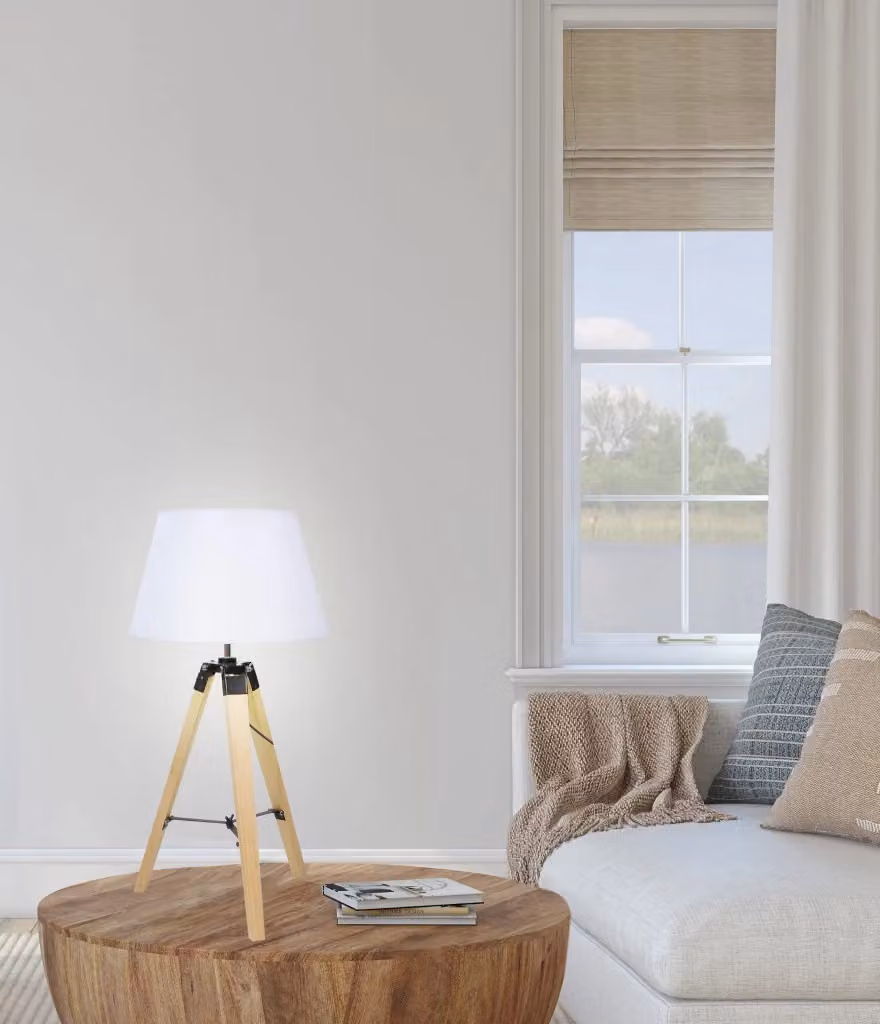 Candellux Lampada da Tavolo Lugano in Legno e Tessuto Bianca con Attacco E27, Altezza: 68 cm – 2