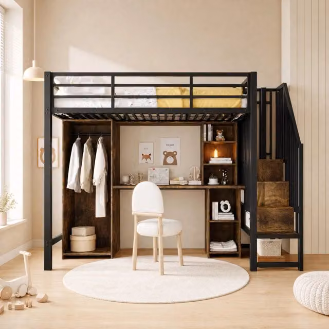 Letto a soppalco MIVRAY singolo nero con armadio, scrivania, gradini contenitore e vani portaoggetti in metallo e MDF, L/P/H: 200 x 90 x 251,2 cm – 1