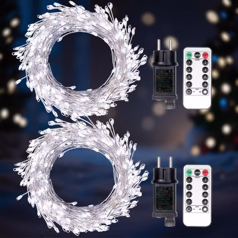 Set di 2 catene luminose, lunghezza 6 metri, 200 LED, luce bianca fredda, con telecomando