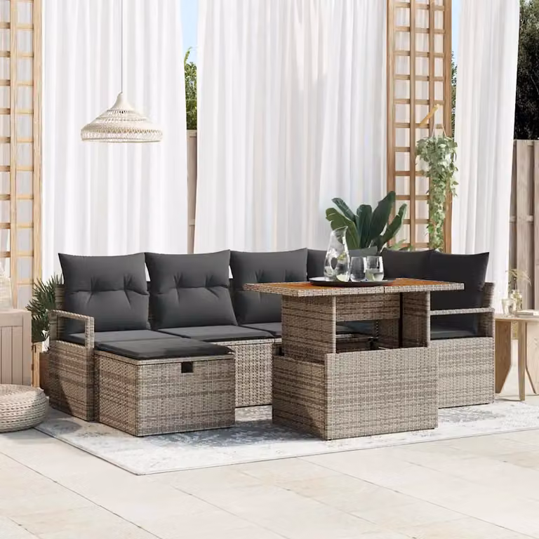 Set Divano da Giardino vidaXL 7 Pezzi in Polyrattan Grigio con Cuscini e Tavolino
