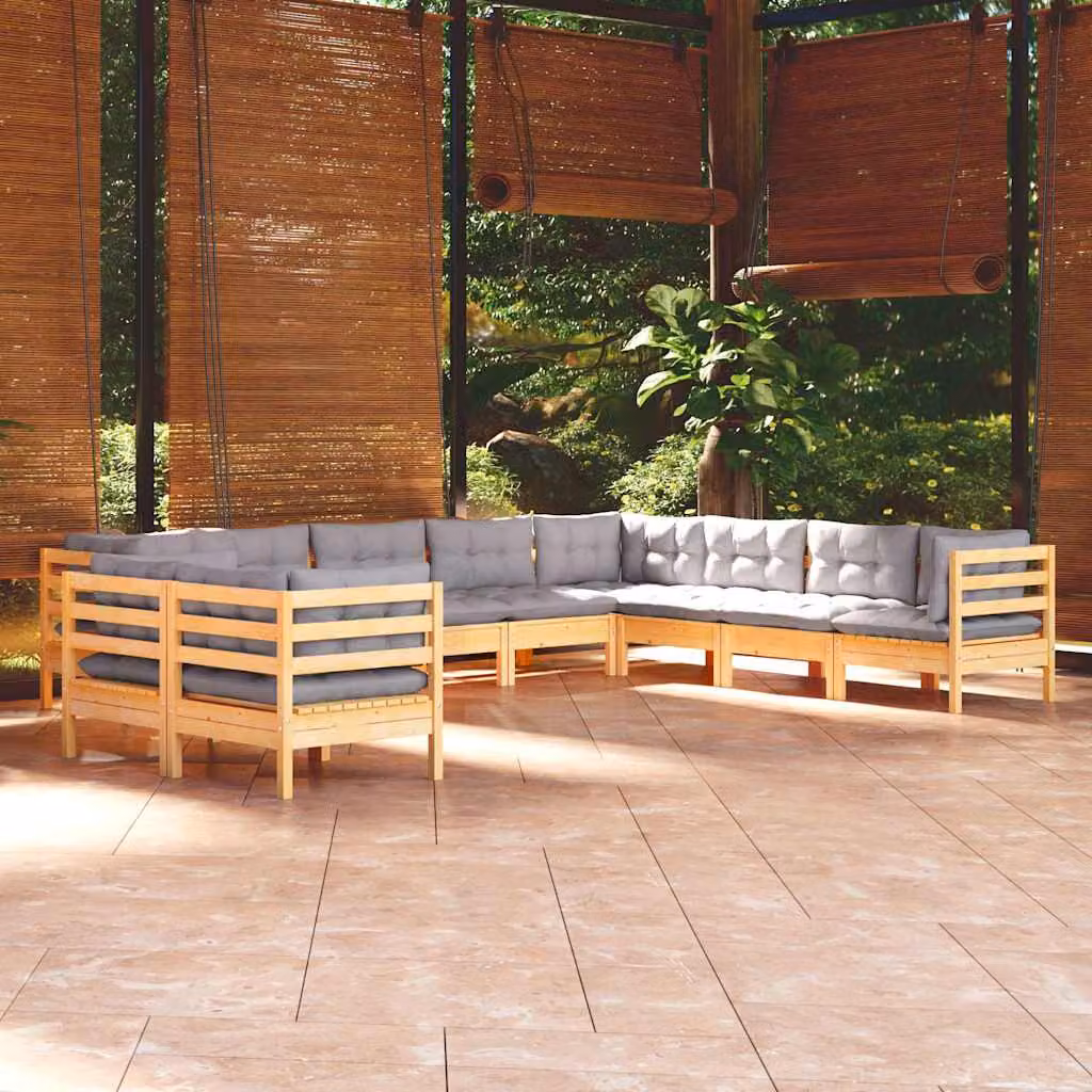 Set di divani da giardino vidaXL a forma di L in legno massello di pino con 10 pezzi e cuscini grigi