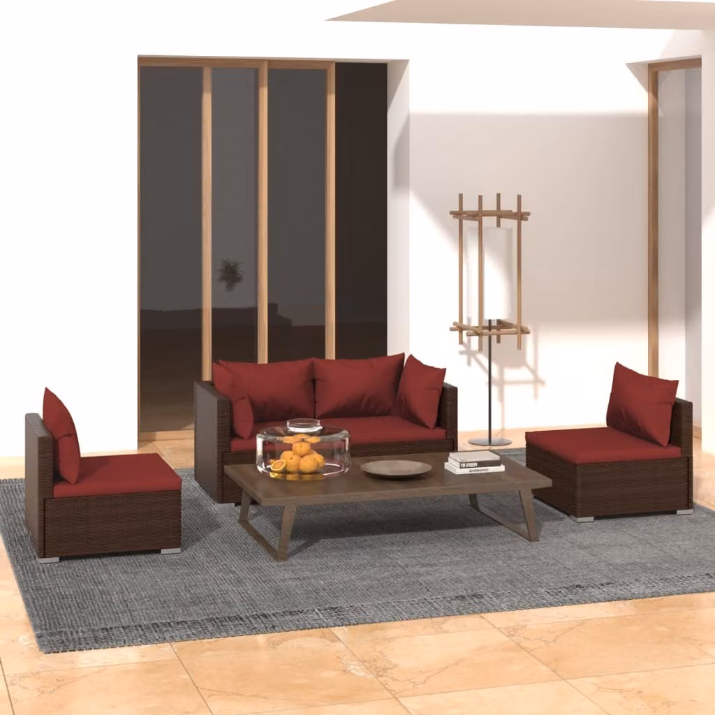 The Living Store Set salotto da giardino 4 pezzi con cuscini in poly rattan marrone