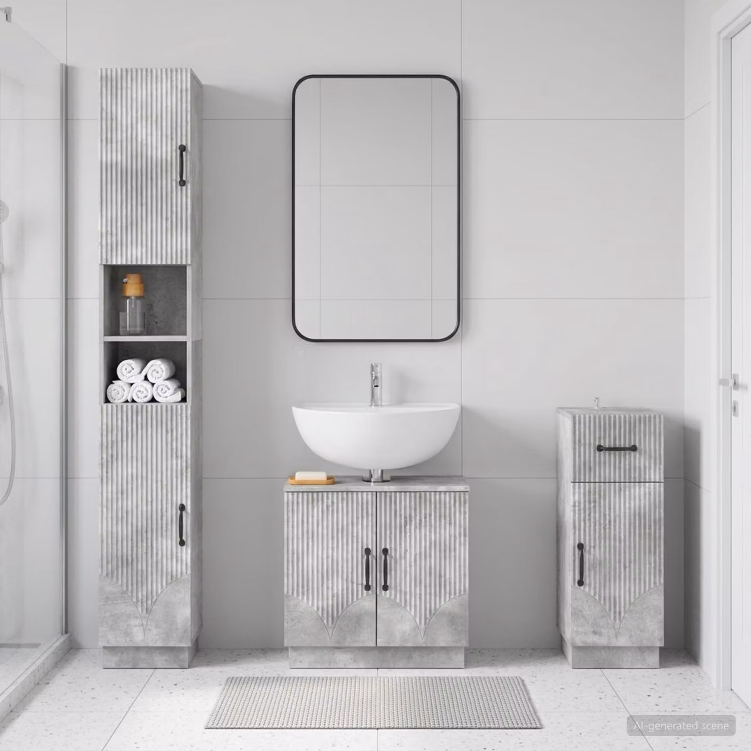 Set di armadietti da bagno 3 pezzi vidaXL HOORN in MDF Grigio Cemento con mobile lavabo, colonna alta e mobile laterale, design moderno a parete