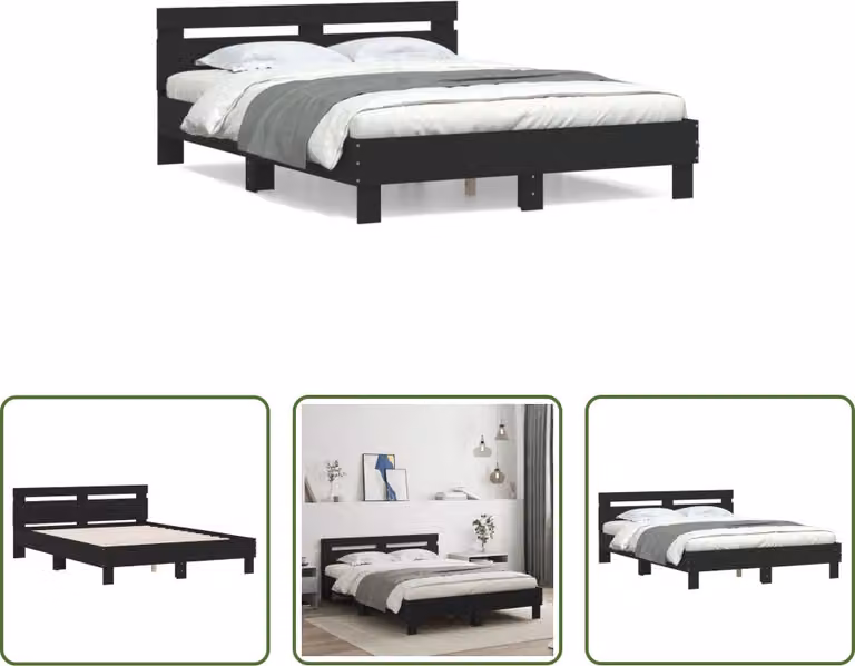 The Living Store Struttura letto con testiera nera 140x190 cm in materiale ligneo