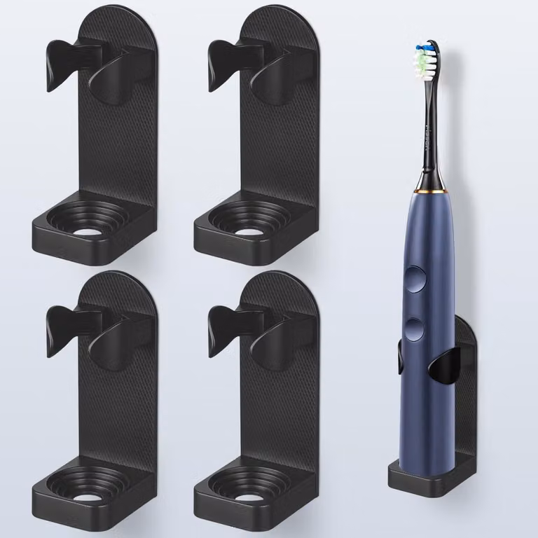 Porta spazzolini elettrico da parete, 4 pezzi, adesivo, regolabile, colore nero