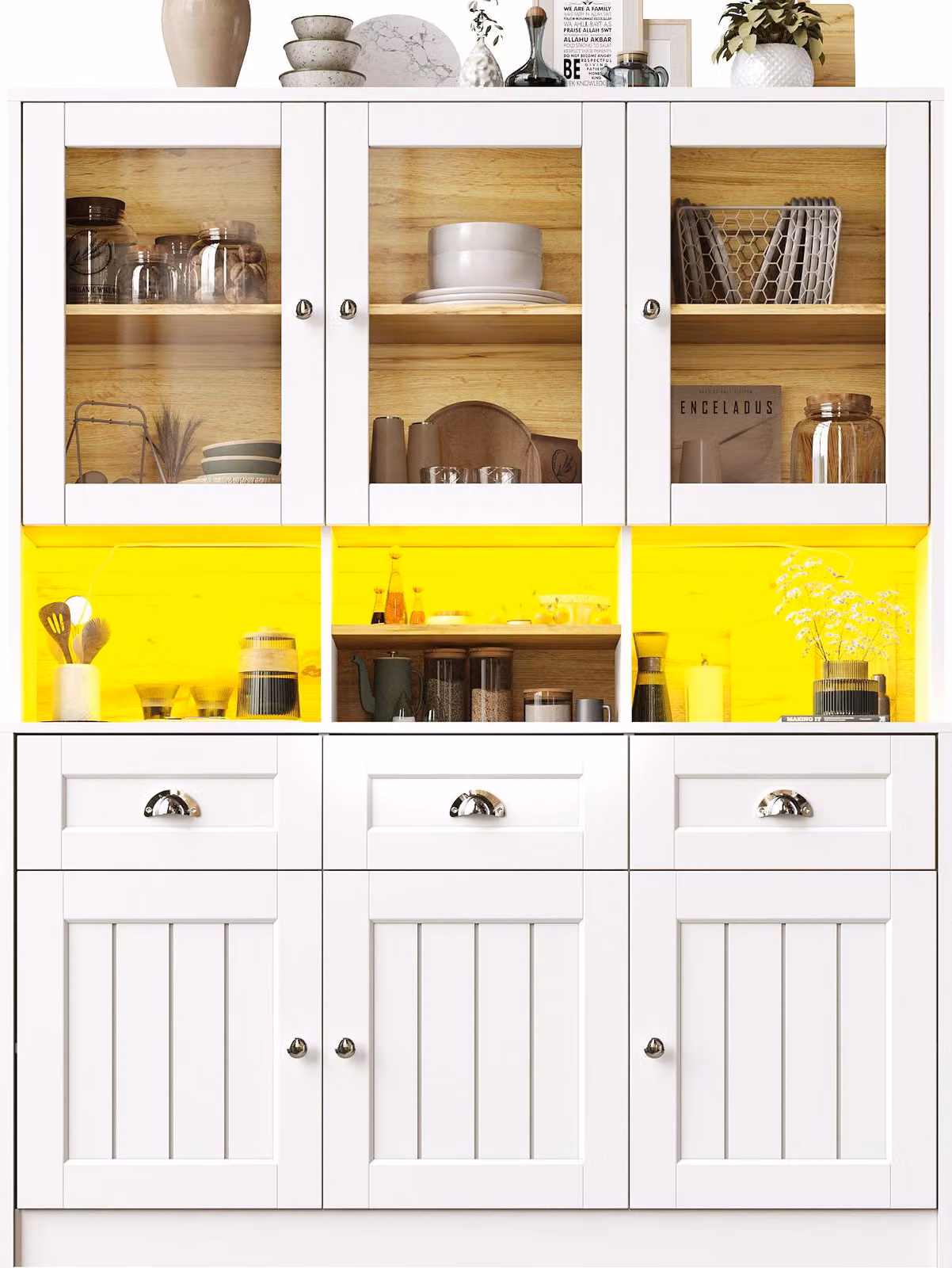Mobile da cucina (140×40×175 cm), mobile alto da cucina a buffet, vetrina, mobile buffet con ripiani regolabili, credenza con illuminazione LED, nero, MDF