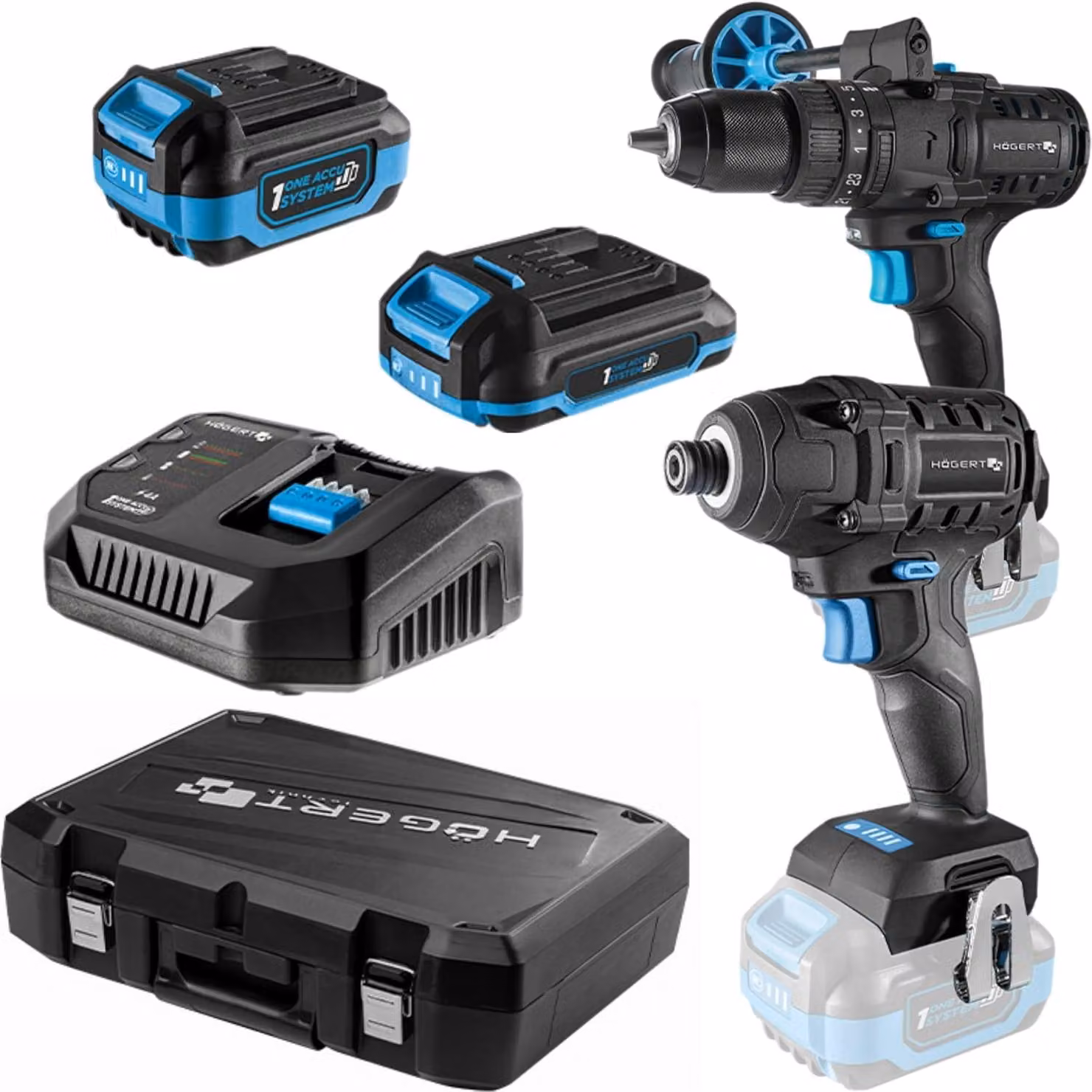 HÖGERT TECHNIK, set di avvitatori a percussione a batteria da 18 V, con coppia di 200 Nm e 100 Nm, 2 avvitatori a percussione brushless, 2 batterie, caricabatterie da 4 A, illuminazione a LED, con