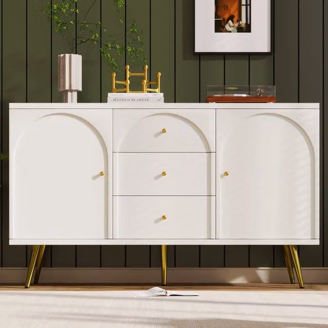 Credenza con 2 ante e 3 cassetti e ripiano regolabile, colore bianco, H 84 x L 140 x P 40 cm