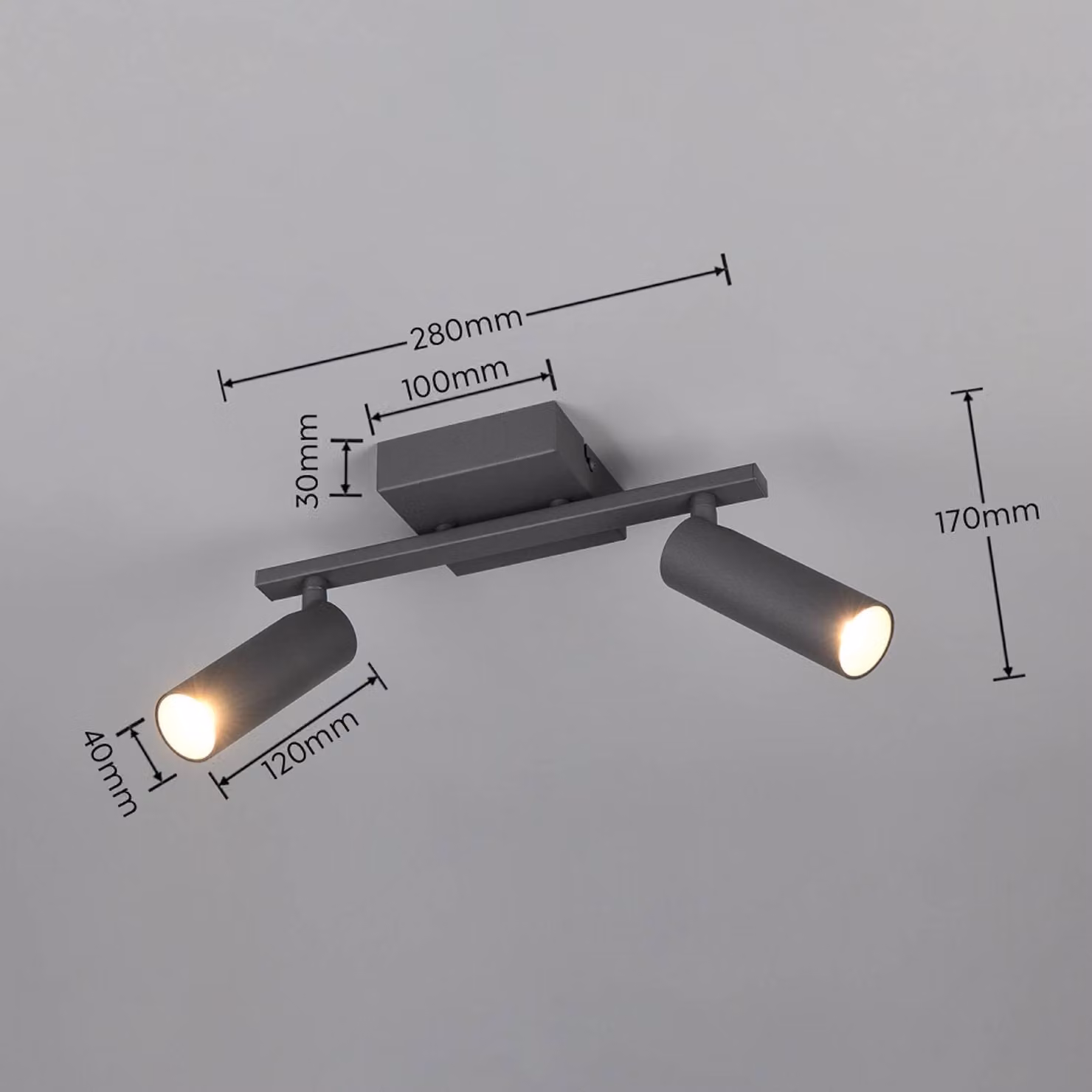 Trio Lighting Faretto da soffitto Dara, lunghezza 28 cm, antracite, metallo, a 2 luci. Dara, Nero, Soggiorno / Sala da pranzo, Metallo, Moderno, Downlight