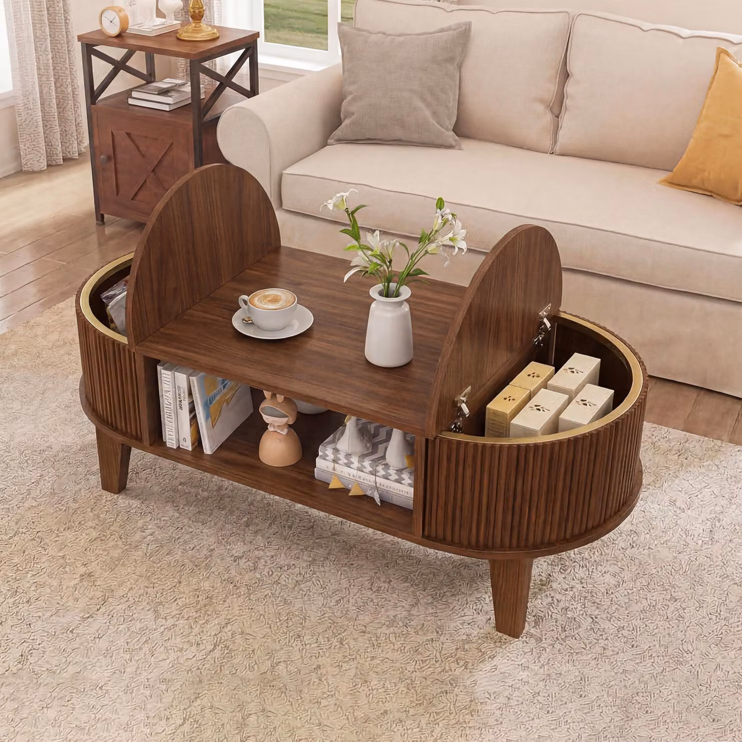 Tavolino ovale ProximaX con vano portaoggetti nascosto, color noce, in legno, con piano ribaltabile, tavolino da salotto