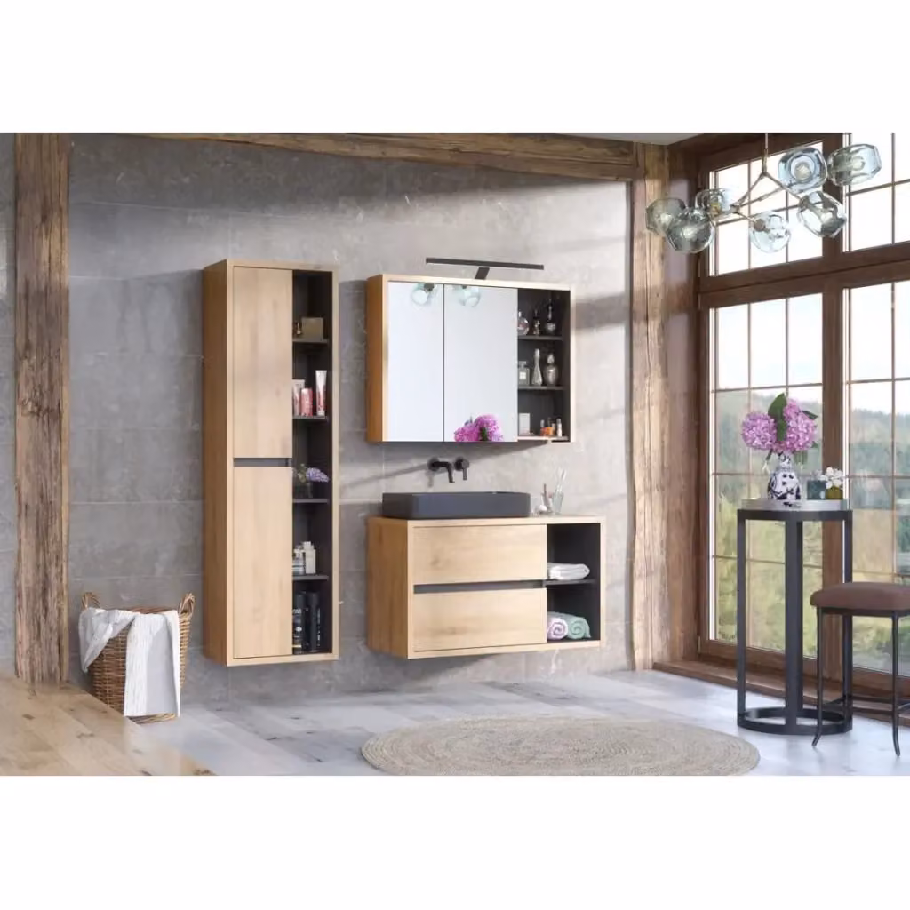 Set bagno Meublorama Matt composto da mobile sottolavabo, lavabo da appoggio nero, colonna contenitore e armadietti con specchio e illuminazione LED in finitura rovere, antracite e nero – 2