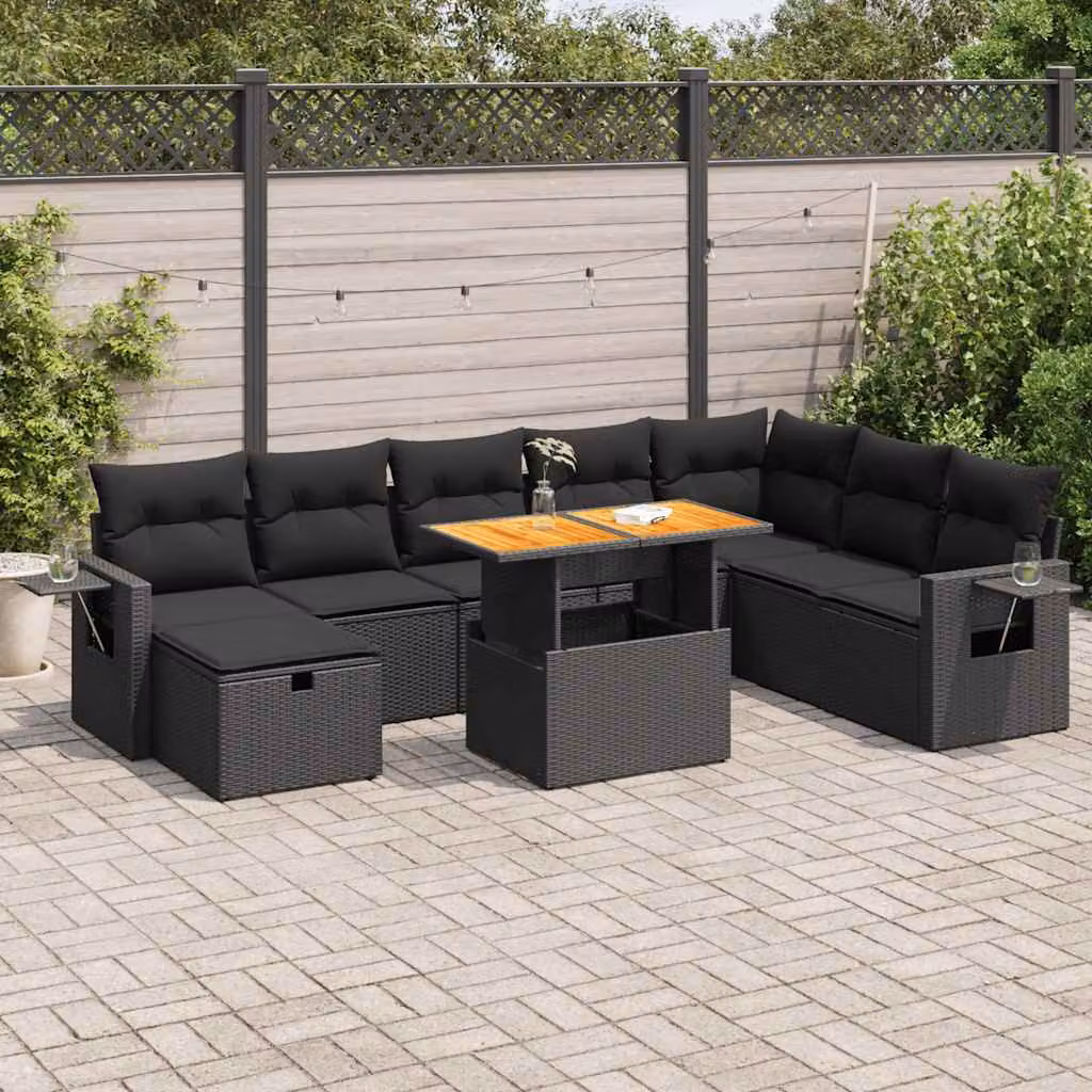 Set Divani da Giardino vidaXL 9 pz in Polyrattan e Legno di Acacia con Cuscini, Colore Nero