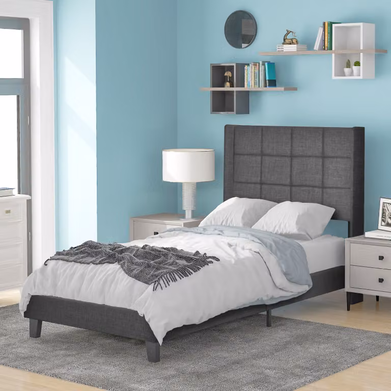 Letto imbottito Sweiko letto matrimoniale classico 90x200 cm con rete a doghe e testata in legno, grigio