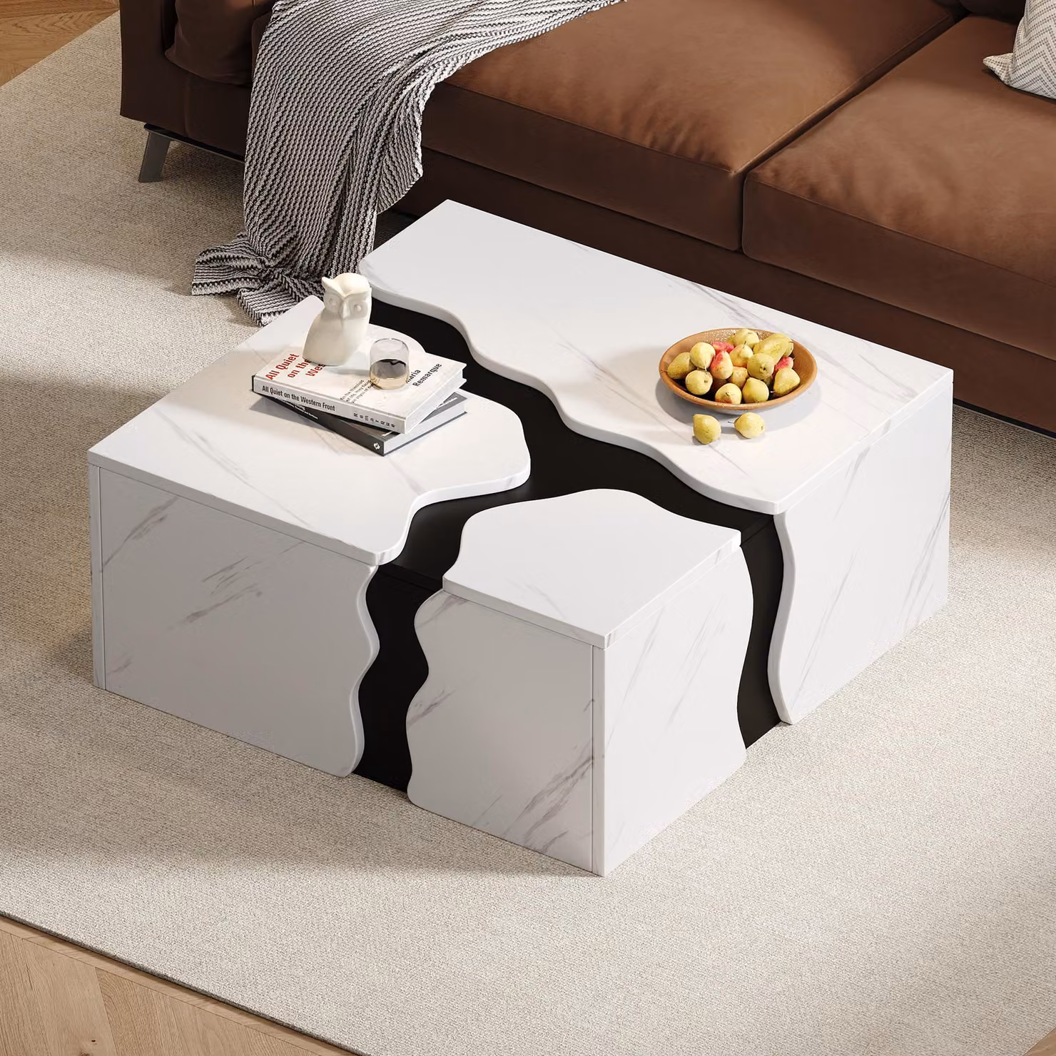 Tavolino Merax in look marmo, cubo geometrico con cassetto, tavolo da soggiorno moderno con spazio di archiviazione nascosto in truciolato, bianco