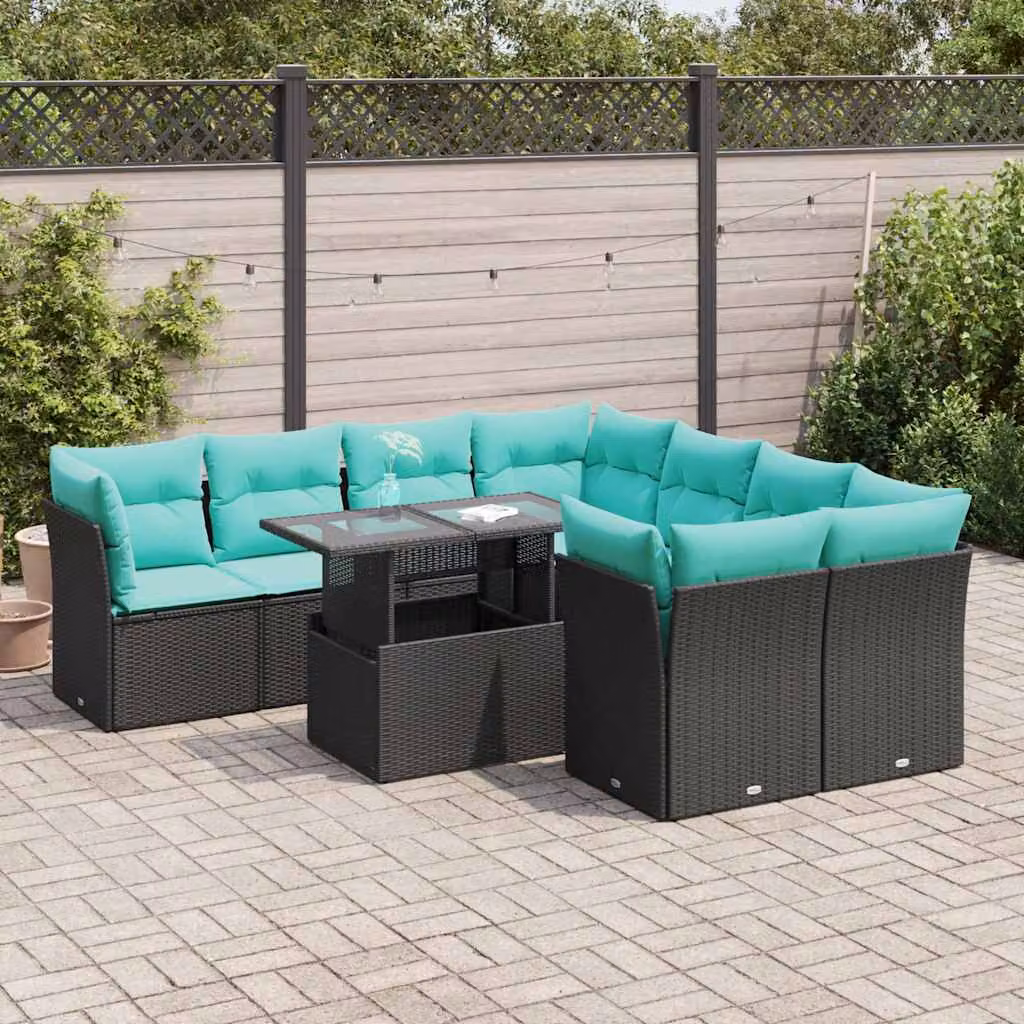 Set di divani da giardino vidaXL 9 pezzi in polyrattan con cuscini e tavolino da esterno nero