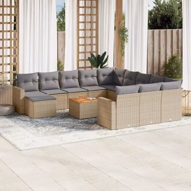 Set Divano da Giardino vidaXL in Polyrattan 13 Pezzi con Cuscini Beige e Grigio e Tavolino, Design Moderno a Forma di U per Terrazza e Giardino