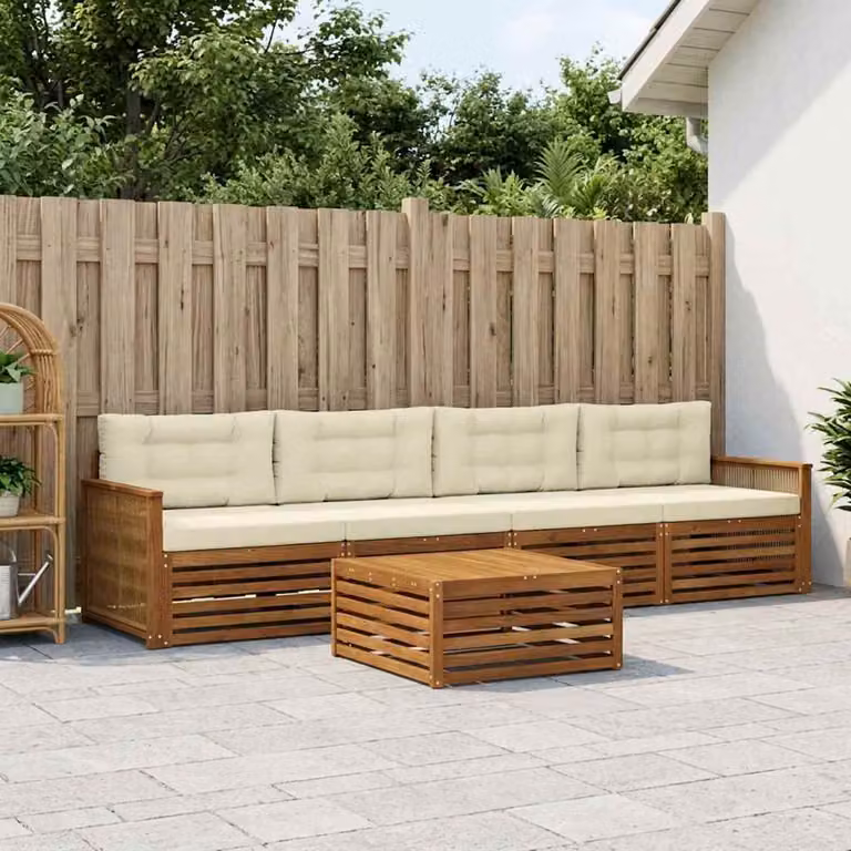 Set di divani da esterno vidaXL 5 pezzi in legno di acacia con cuscini beige e bianco