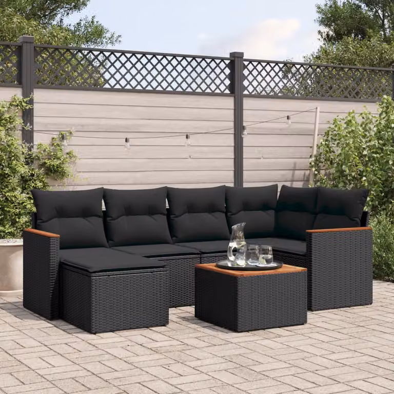 Set Divani da Giardino vidaXL a Forma di L con Cuscini e Tavolino, 7 Pezzi in Polyrattan Nero