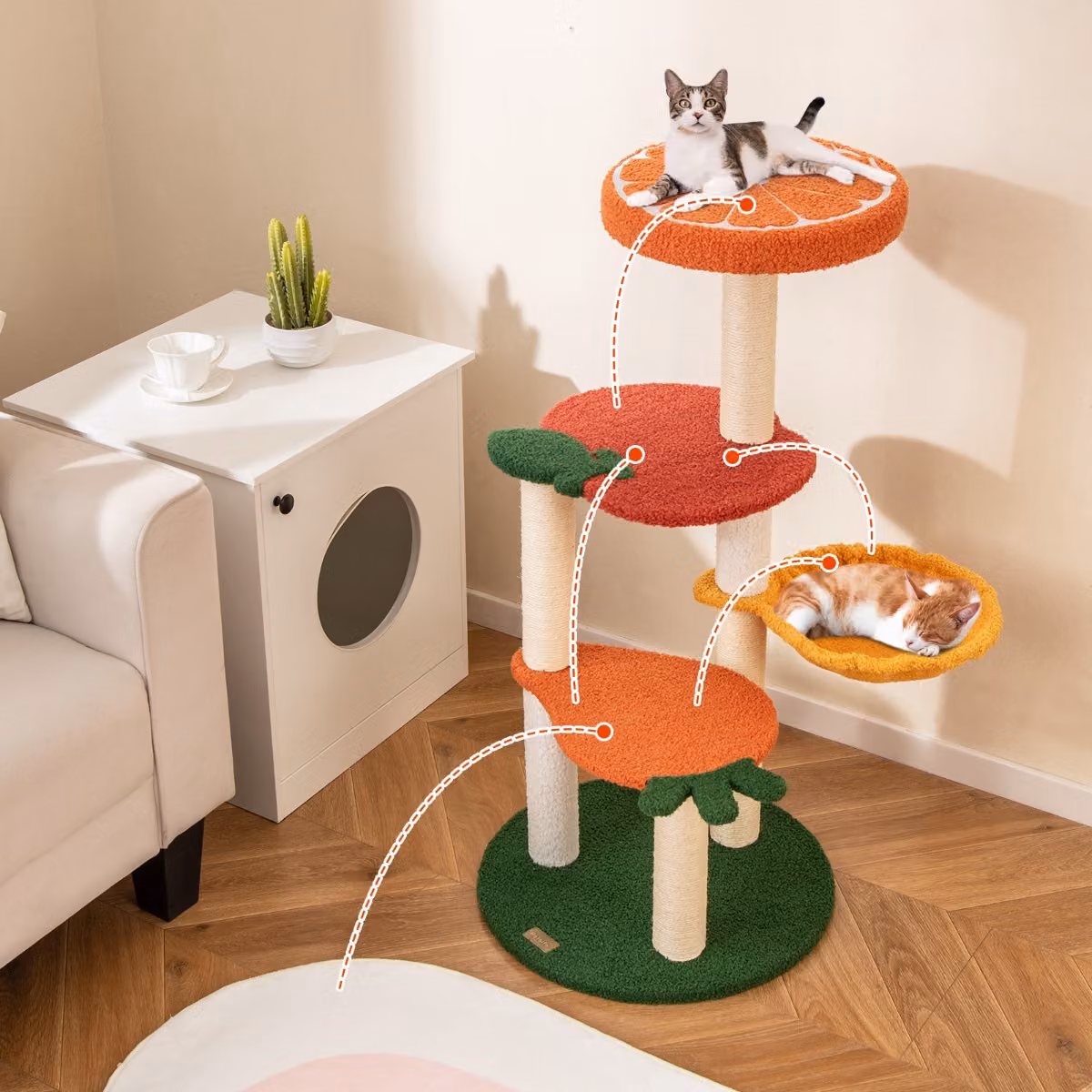 Albero per gatti Costway con cesto rotante a forma di mela e carota, design colorato con tiragraffi in sisal, Altezza: 99,5 cm