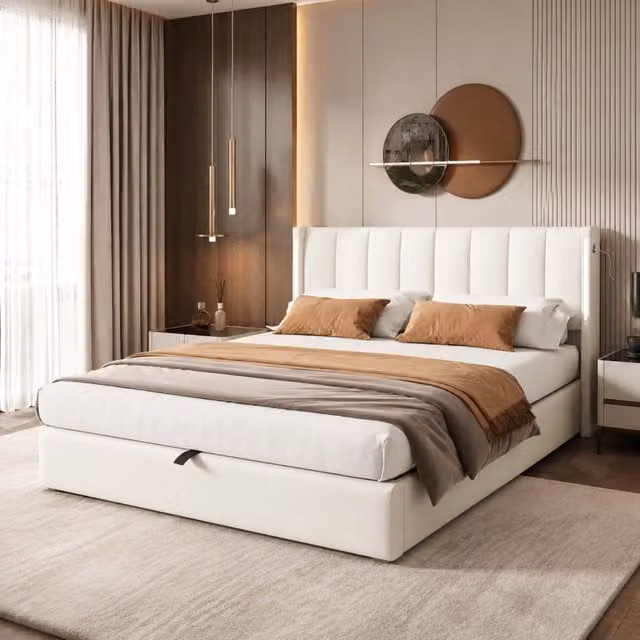 Letto imbottito con illuminazione LED, porta USB, 140 x 190 cm, con vano contenitore e testiera regolabile, rivestimento in PU bianco