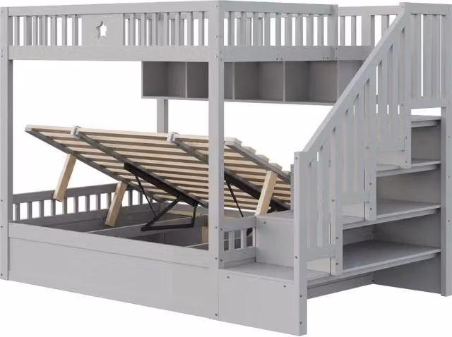 Letto a castello in legno 140x200 cm con letto inferiore idraulico, scala contenitore, scaffali, colore grigio