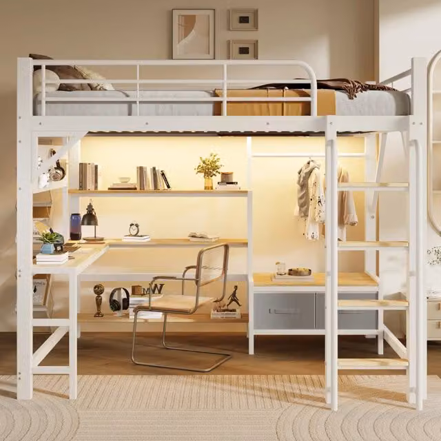 Letto a soppalco 140 x 200 cm con scrivania; struttura in acciaio e MDF; bianco; senza materasso