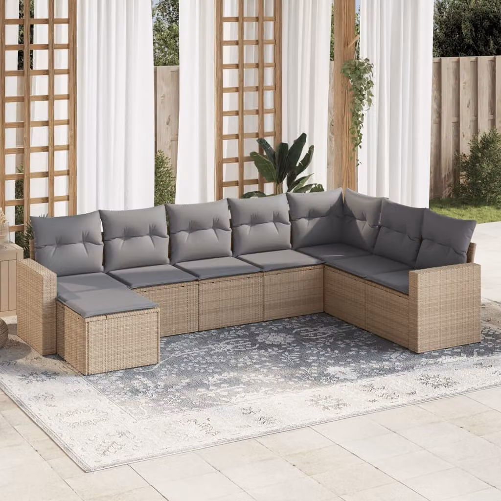 vidaXL Set Divano da Giardino 8 pz a Forma di L con Cuscini Beige e Grigio in Polyrattan e Struttura in Metallo – 1