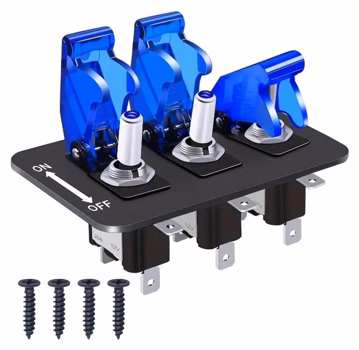 Pannello con interruttore a levetta triplo, 12V-20A, con coperture blu
