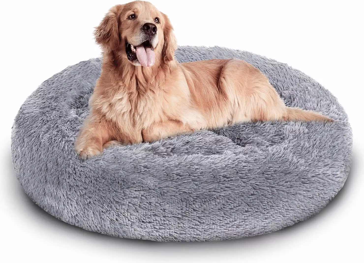 Cuccia rotonda per cani e gatti, diametro 100 cm, in peluche lungo, con fondo antiscivolo, color grigio chiaro