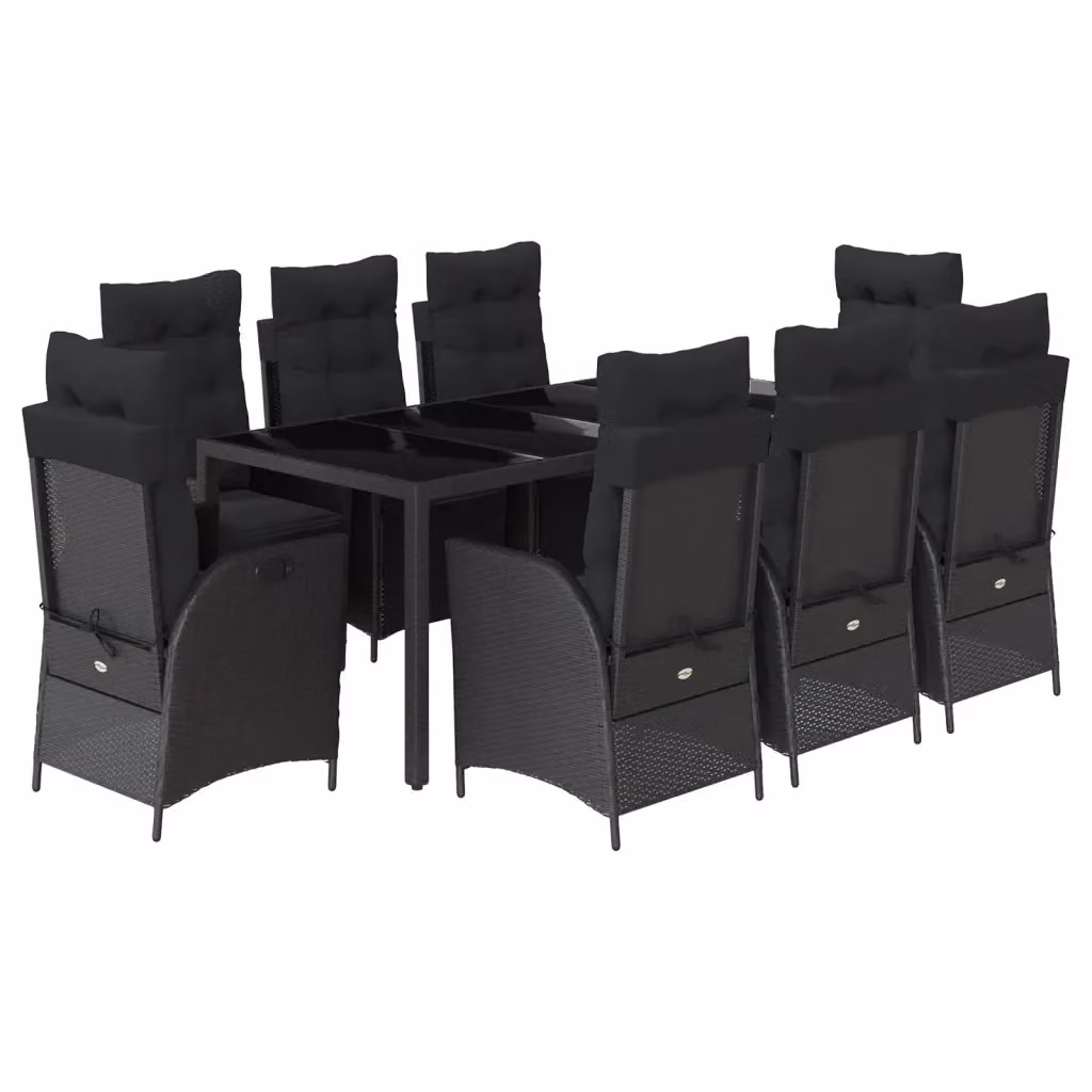 Set da pranzo da giardino vidaXL in polyrattan nero con cuscini e tavolo in vetro, 9 pezzi – 2