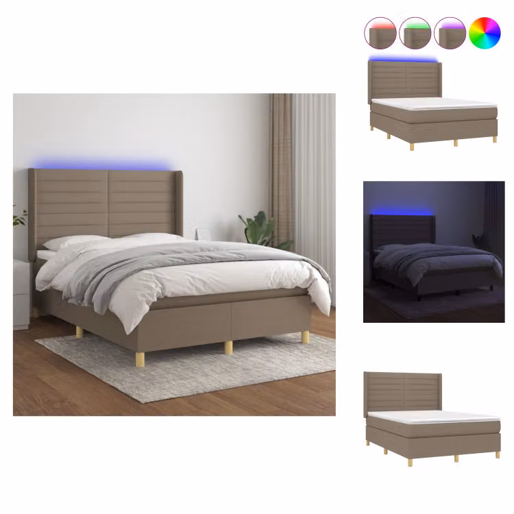 vidaXL Letto a molle con materasso e tessuto LED Taupe 140x190 cm - Letti & strutture letto
