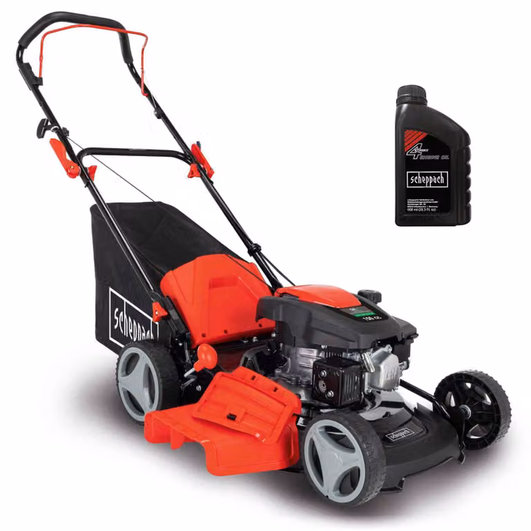 Scheppach Tosaerba a benzina MP150-46 | Larghezza di taglio 46 cm | Motore a benzina a 4 tempi da 3,5 CV con 150 cc | 7 altezze di taglio | Cestello di raccolta da 55 L | Olio motore incluso
