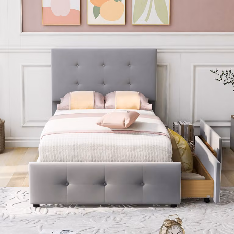 Letto singolo imbottito Sweiko con testata regolabile e 2 cassetti, inclusa rete a doghe, velluto, 90 x 200 cm Grigio
