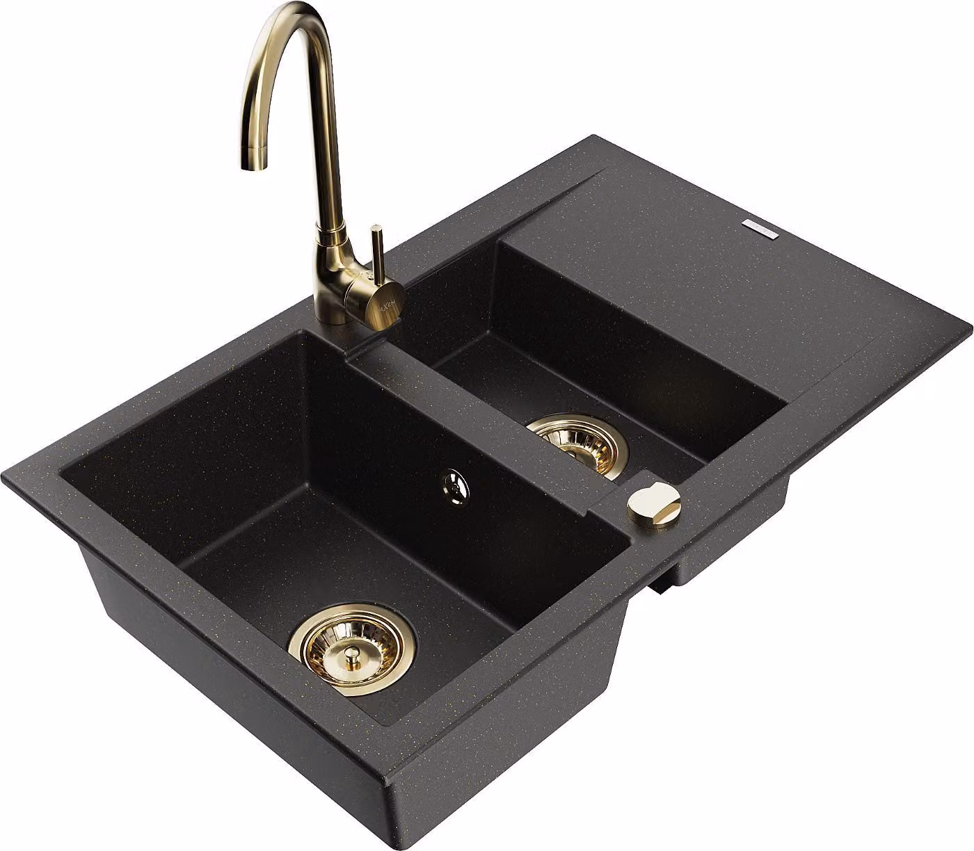 Mexen Gaspar lavello in granito 1,5 vasca con scolapiatti e rubinetto cucina Telma, nero/oro - 6507-75-670200-50