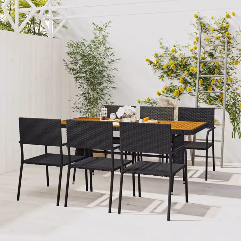 The Living Store Set da pranzo da giardino 7 pezzi in poly rattan nero