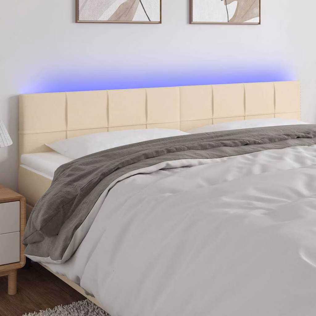 Testiera per letto vidaXL in tessuto beige con illuminazione LED e porta di ricarica USB, L 200 cm x P 5 cm x H 78-88 cm