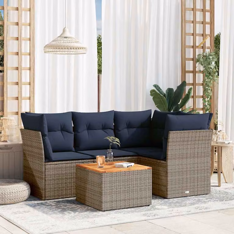 vidaXL Set Divani da Giardino 5 pz a Forma a L in Polyrattan con Cuscini Blu e Grigio e Tavolino da Esterno