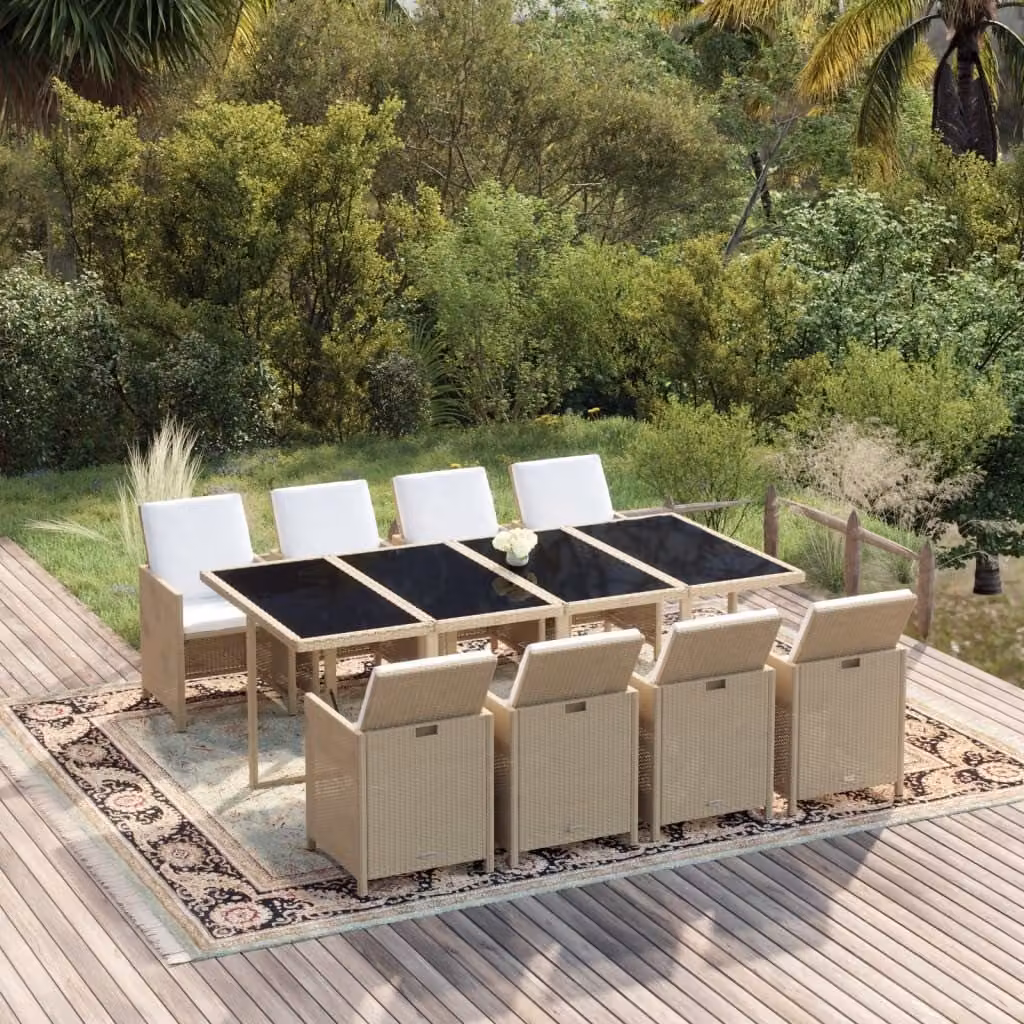 The Living Store Set da pranzo da giardino 9 pezzi con cuscini in poly rattan beige