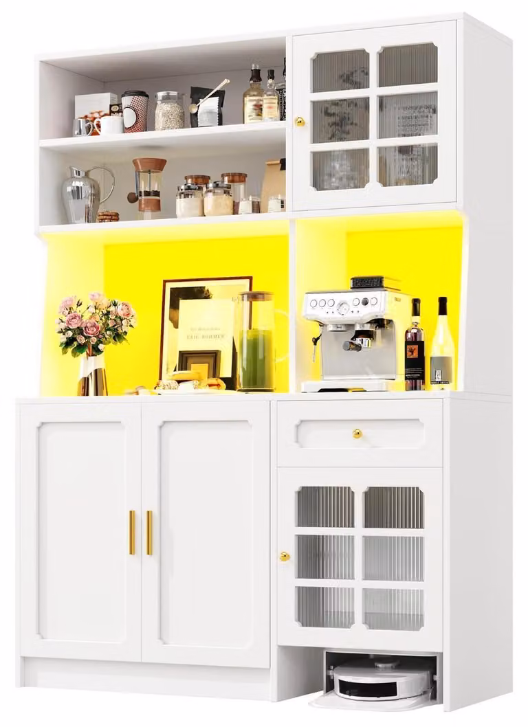 Mobiletto da cucina, credenza o mobiletto laterale con ante in vetro e illuminazione a LED, dimensioni 130x45x180 cm, colore bianco