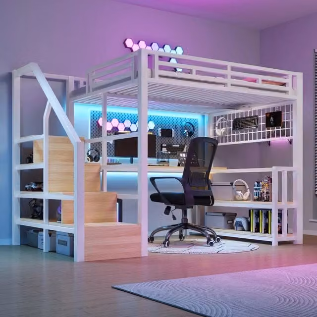Letto a castello con scrivania - Zephmum- 140x200 cm, struttura in ferro, scaffale, LED, 2 USB, Type-C, bianco