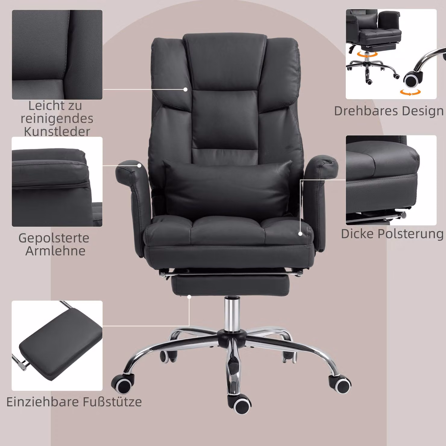 Sedia da ufficio ergonomica, colore nero, con altezza regolabile da 48 a 56 cm, poggiapiedi e schienale regolabile