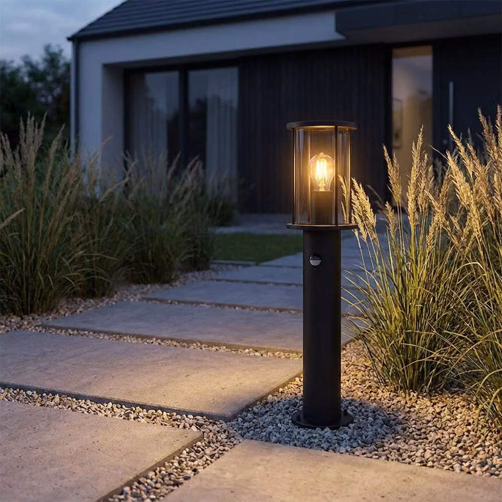 Lampada da terra, luce per esterni, sensore, acciaio inox, vetro, IP54, H 60 cm