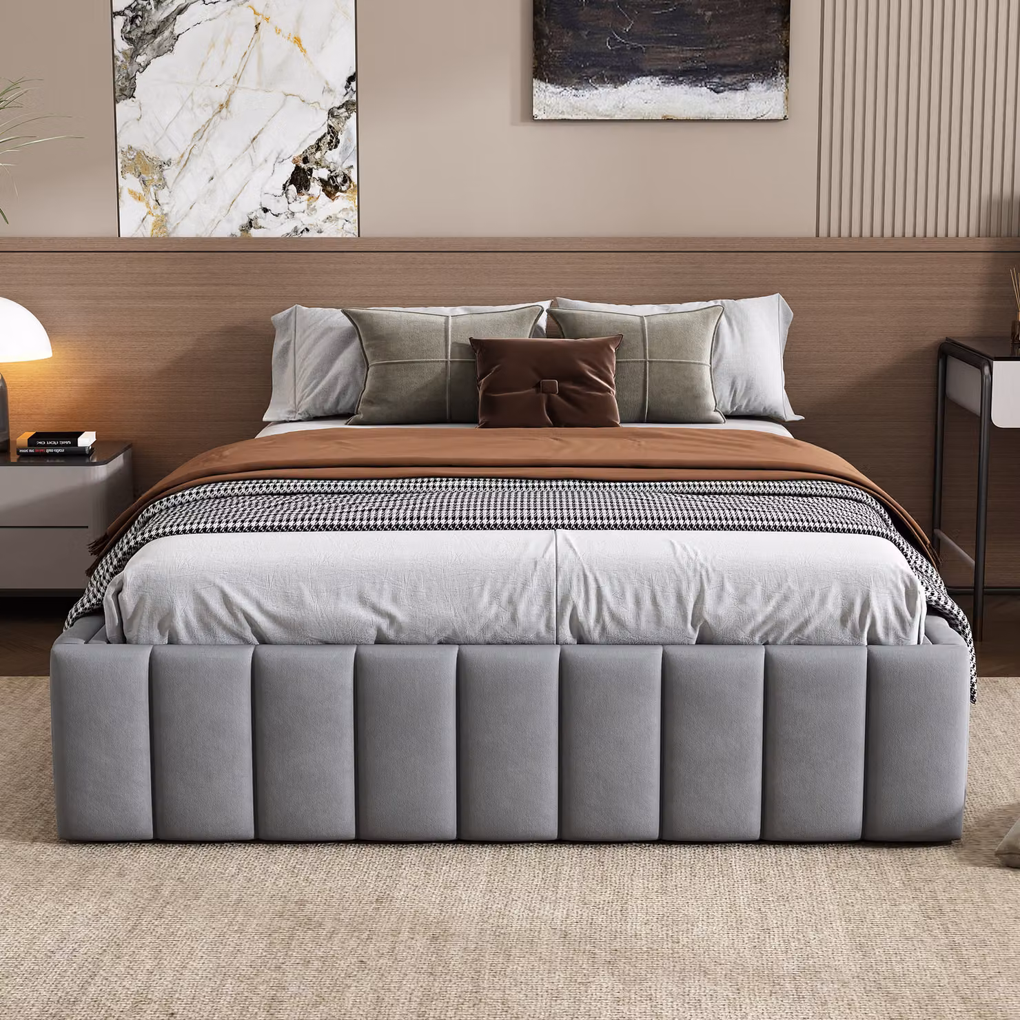 Letto imbottito AIORBER, 140 x 200 cm, con rete a doghe, ampio spazio di archiviazione, quattro grandi cassetti, facile da montare, letto matrimoniale, (senza materasso), grigio
