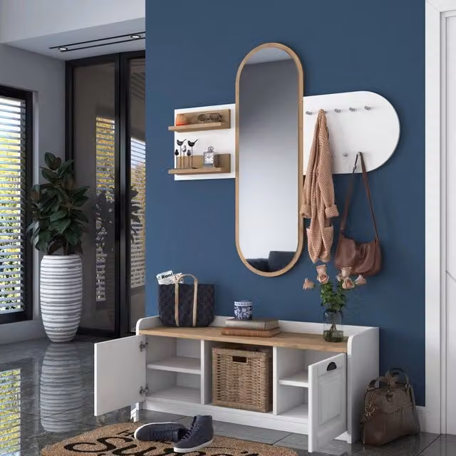 DMORA Crespino Mobile da Ingresso Moderno con Specchio e Ganci, L/P/H: 120 x 40 x 45 cm, Bianco e Rovere – 1