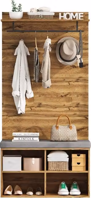 Mobili da ingresso Chicfurn con panca porta scarpe imbottita, 2 ganci, ripiano regolabile e asta, colore marrone, L/P/H: 84 x 35 x 175 cm