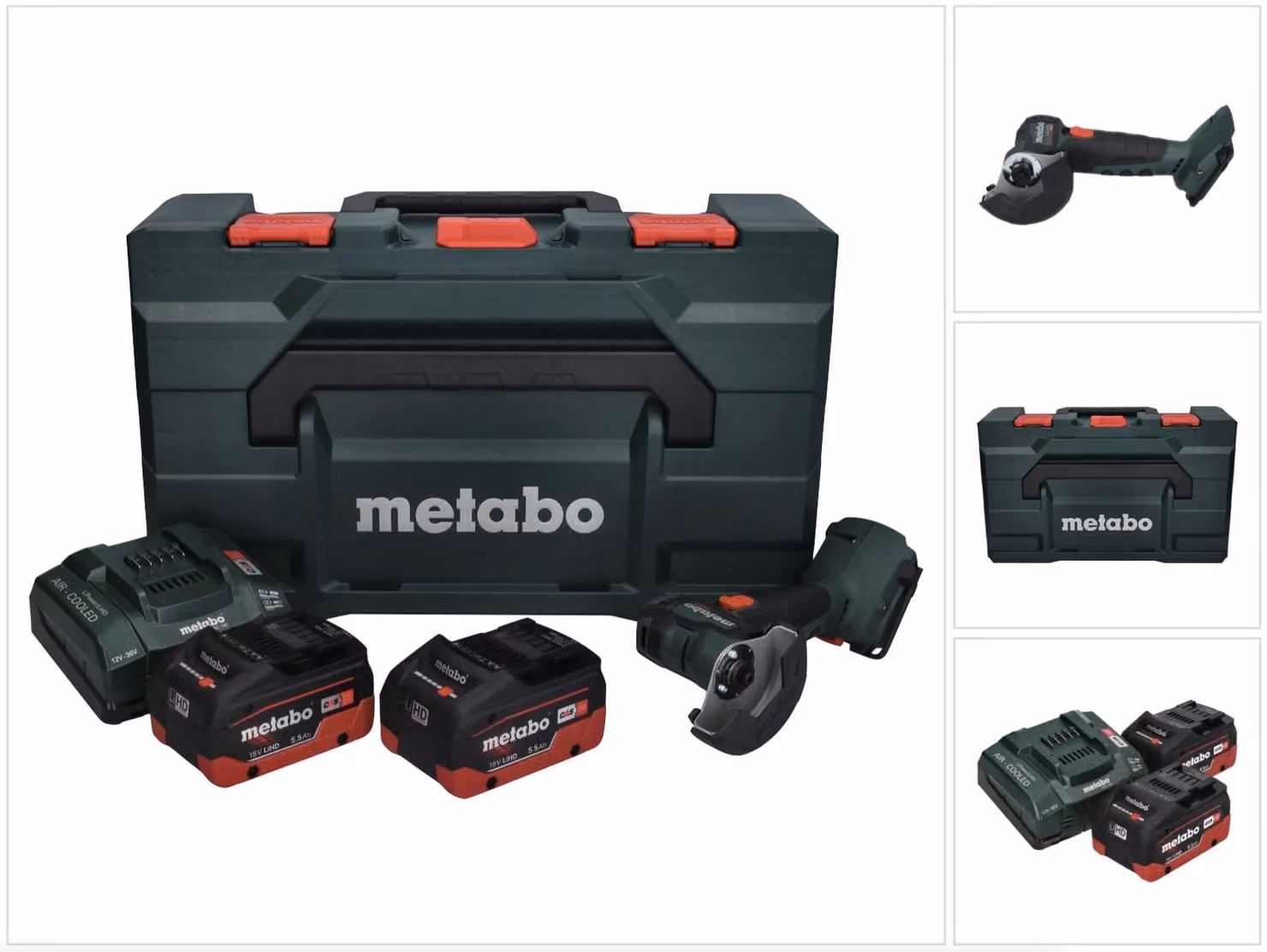 Smerigliatrice angolare a batteria Metabo CC 18 LTX 18 V 76 mm brushless + 2 batterie da 5,5 Ah + caricabatterie + metaBOX