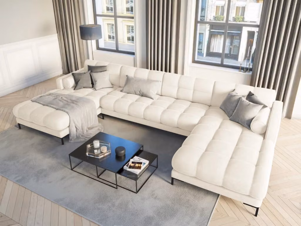 Divano panoramico Bali a 7 posti Cosmopolitan Design in velluto beige chiaro con struttura in metallo e forma a L – 2