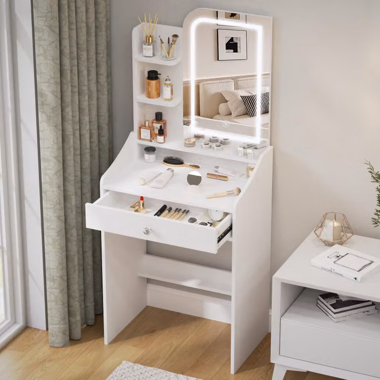 Comò con specchio a LED - Bianco - MDF - 62x40x150 cm - Tavolino da trucco