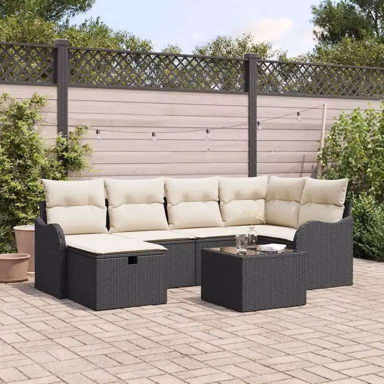 Set Divano da Giardino a L vidaXL in Poly Rattan Nero con Cuscini e Tavolino da 7 Pezzi